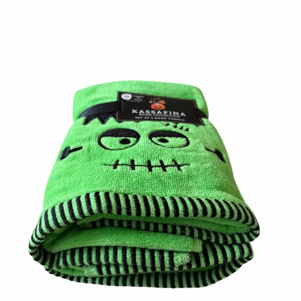 KASSAFINA Halloween Frankenstein Hand Towels 2pc Green Black Embroidered NEW